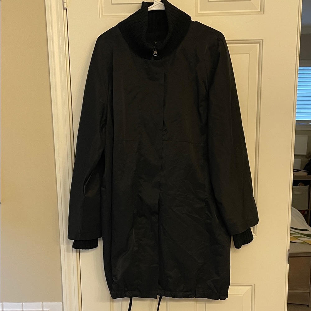 Eileen Fisher black nylon fleece coat with wool ribbed trim XL
